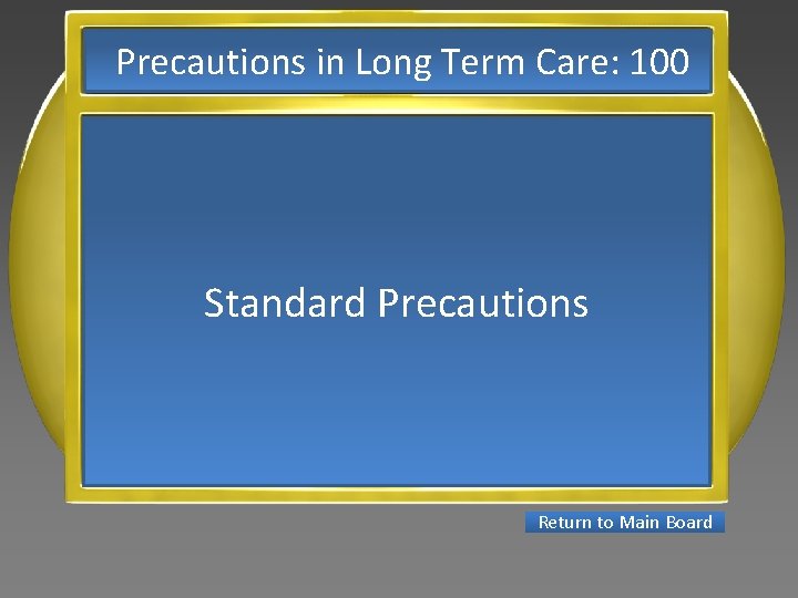 Precautions in Long Term Care: 100 Standard Precautions Return to Main Board 