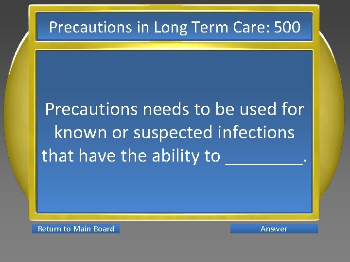 Precautions in Long Term Care: 500 Precautions needs to be used for known or