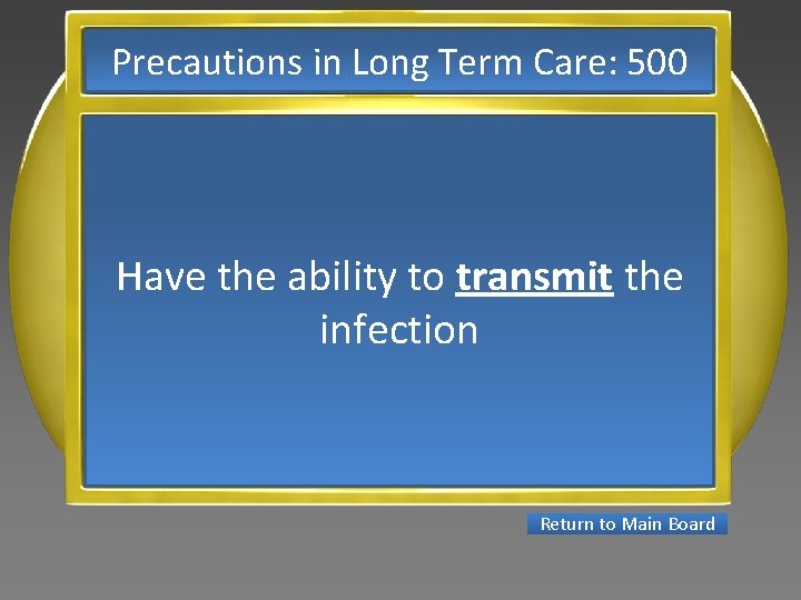 Precautions in Long Term Care: 500 Have the ability to transmit the infection Return