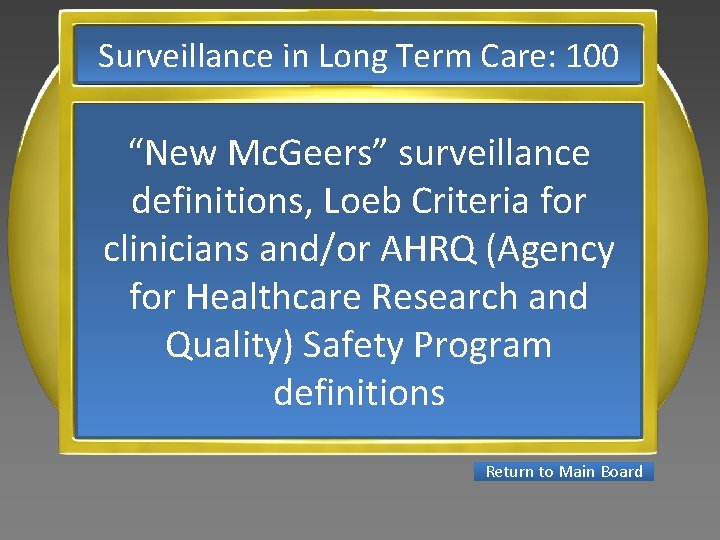 Surveillance in Long Term Care: 100 “New Mc. Geers” surveillance definitions, Loeb Criteria for