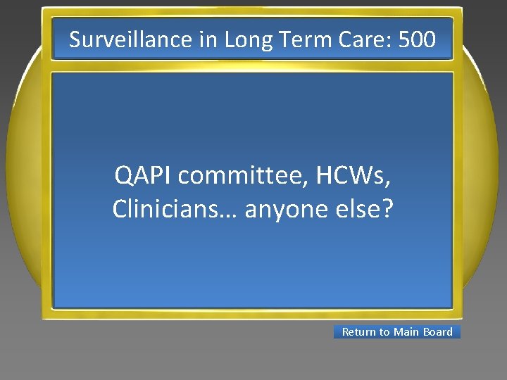 Surveillance in Long Term Care: 500 QAPI committee, HCWs, Clinicians… anyone else? Return to
