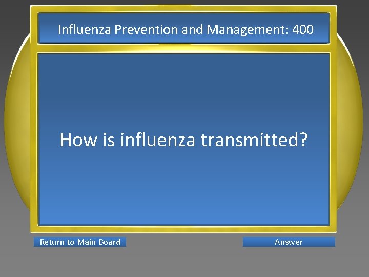 Influenza Prevention and Management: 400 How is influenza transmitted? Return to Main Board Answer