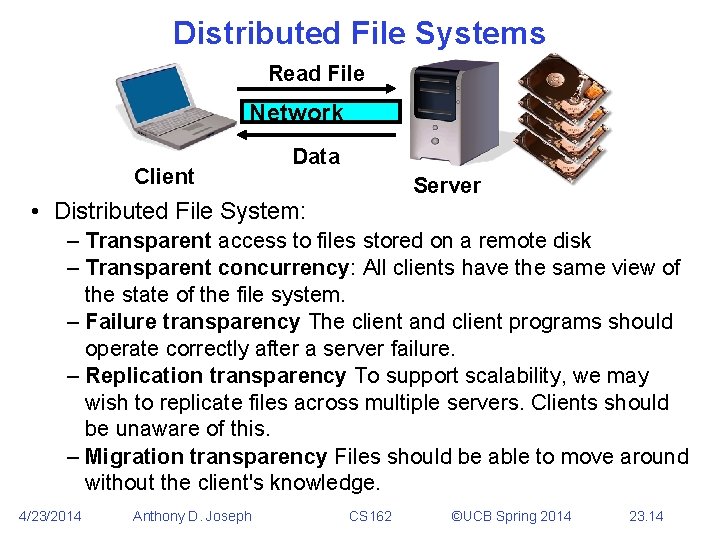 Distributed File Systems Read File Network Client Data Server • Distributed File System: –