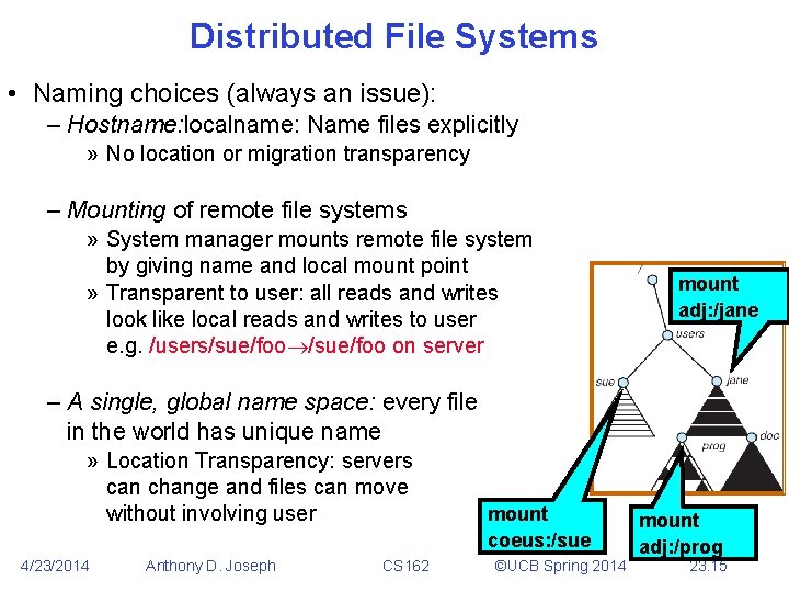 Distributed File Systems • Naming choices (always an issue): – Hostname: localname: Name files