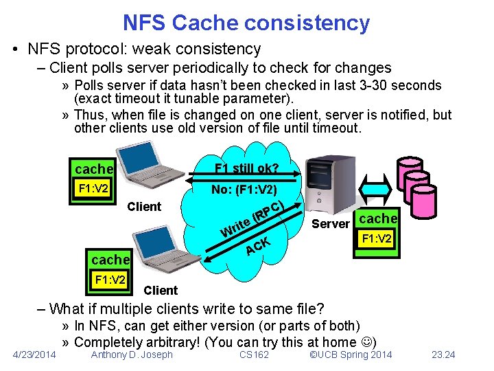 NFS Cache consistency • NFS protocol: weak consistency – Client polls server periodically to