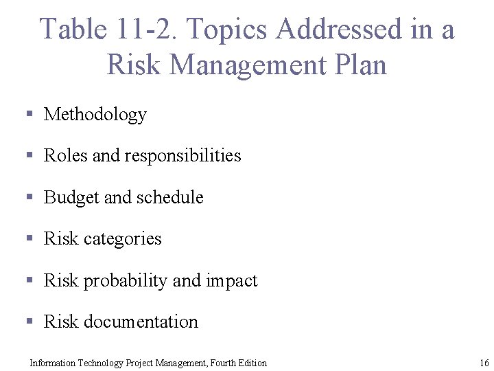 Table 11 -2. Topics Addressed in a Risk Management Plan § Methodology § Roles