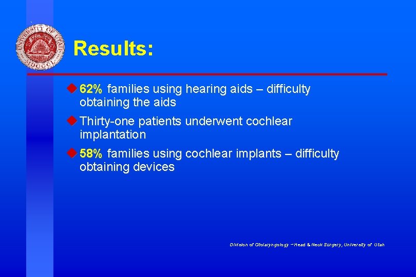 Results: u 62% families using hearing aids – difficulty obtaining the aids u Thirty-one