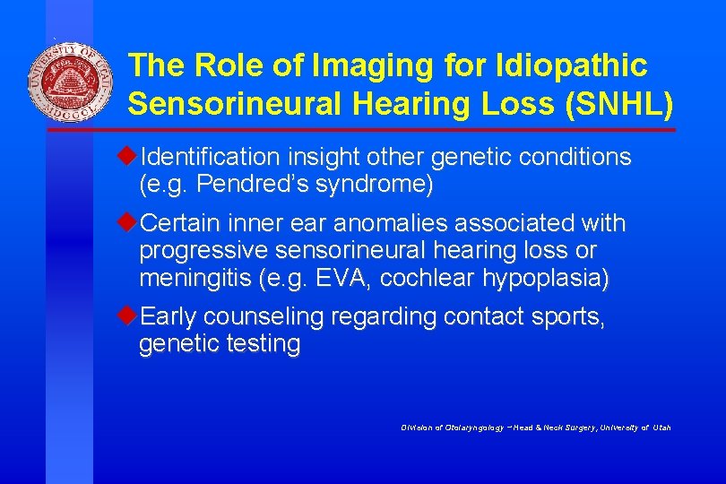 The Role of Imaging for Idiopathic Sensorineural Hearing Loss (SNHL) u. Identification insight other