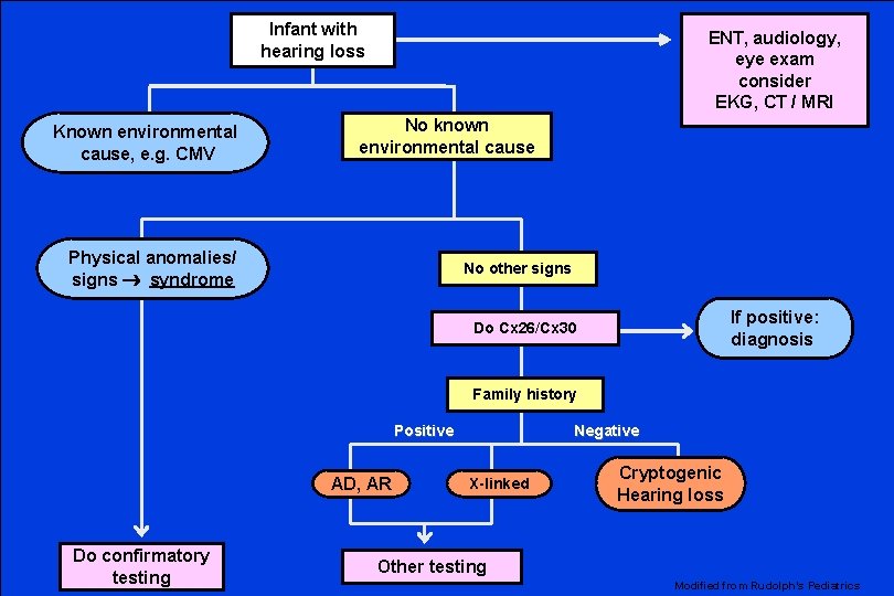 Infant with hearing loss Known environmental cause, e. g. CMV ENT, audiology, eye exam