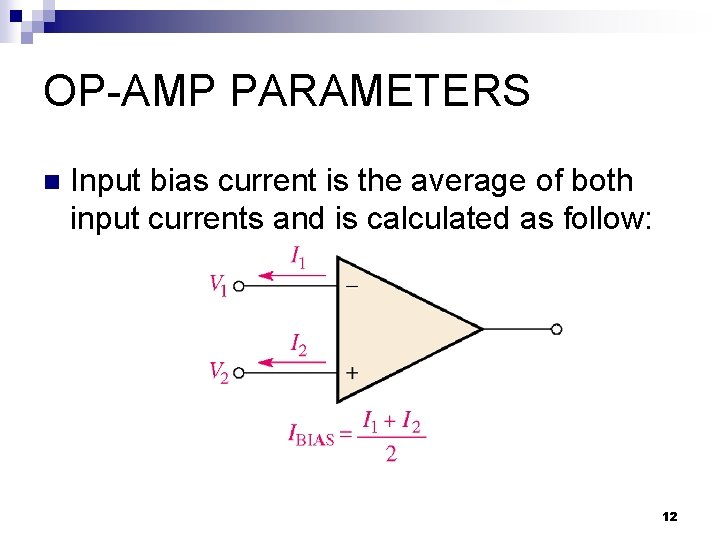 OP-AMP PARAMETERS n Input bias current is the average of both input currents and OP-AMP PARAMETERS n Input bias current is the average of both input currents and