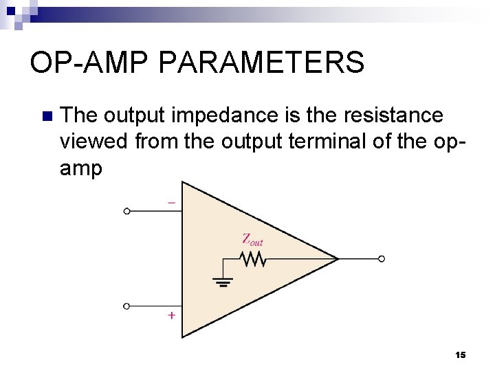 OP-AMP PARAMETERS n The output impedance is the resistance viewed from the output terminal OP-AMP PARAMETERS n The output impedance is the resistance viewed from the output terminal