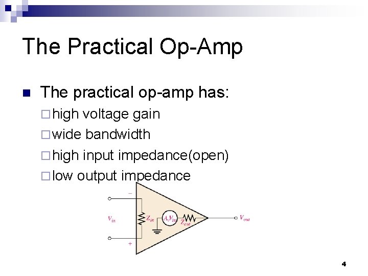 The Practical Op-Amp n The practical op-amp has: ¨ high voltage gain ¨ wide The Practical Op-Amp n The practical op-amp has: ¨ high voltage gain ¨ wide