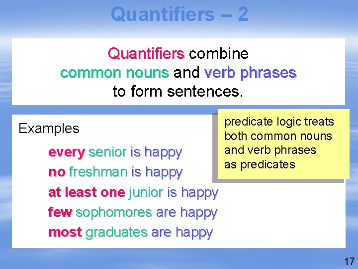 Quantifiers – 2 Quantifiers combine common nouns and verb phrases to form sentences. Examples