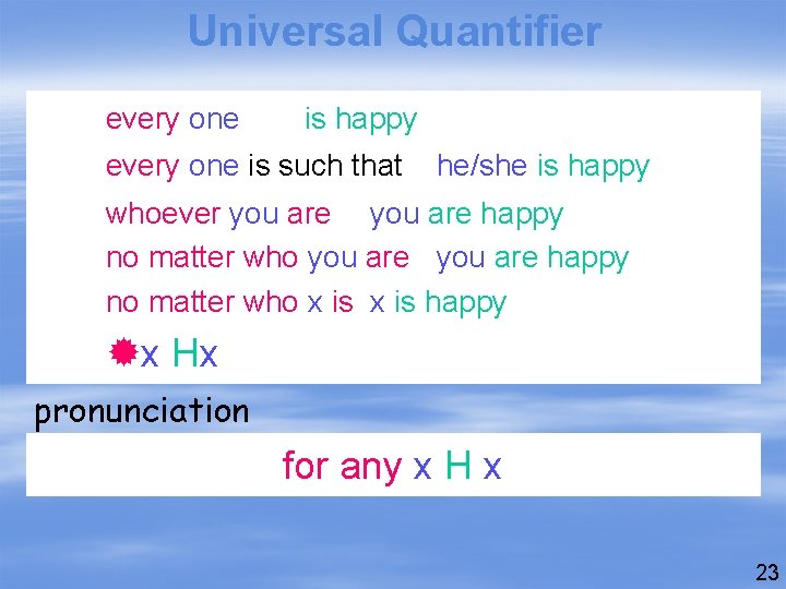 Universal Quantifier every one is happy every one is such that he/she is happy