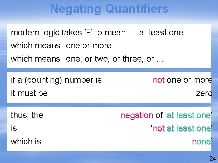 Negating Quantifiers modern logic takes ‘ ’ to mean at least one which means