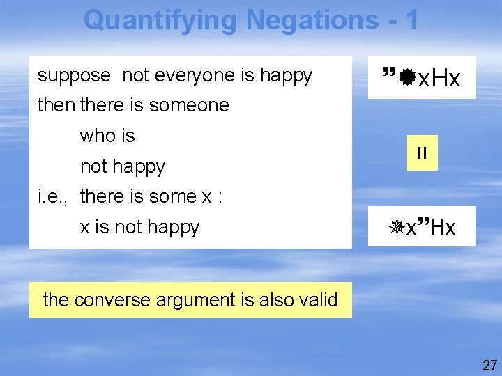 Quantifying Negations - 1 suppose not everyone is happy x. Hx then there is