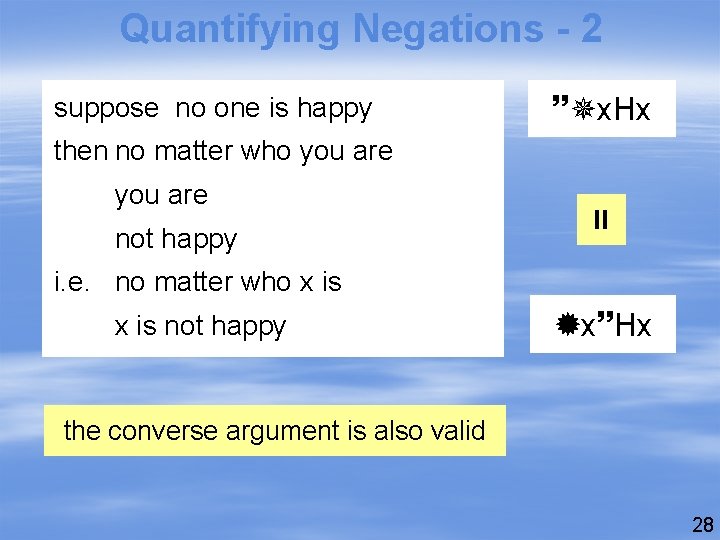 Quantifying Negations - 2 suppose no one is happy x. Hx then no matter