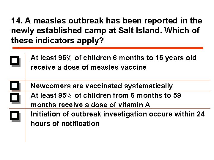 14. A measles outbreak has been reported in the newly established camp at Salt