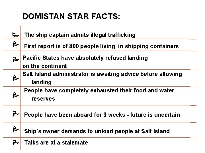 DOMISTAN STAR FACTS: The ship captain admits illegal trafficking First report is of 800