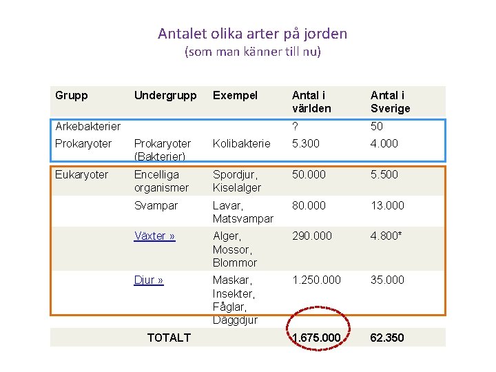 Antalet olika arter på jorden (som man känner till nu) Grupp Undergrupp Exempel Antal