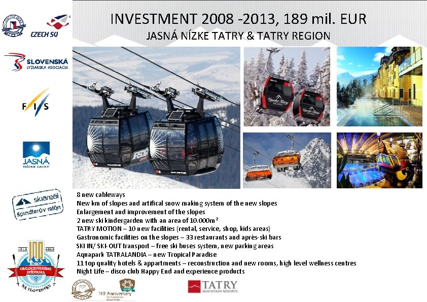 INVESTMENT 2008 -2013, 189 mil. EUR JASNÁ NÍZKE TATRY & TATRY REGION 8 new