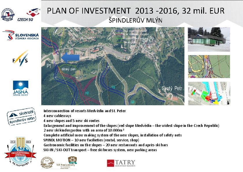 PLAN OF INVESTMENT 2013 -2016, 32 mil. EUR ŠPINDLERŮV MLÝN Interconnection of resorts Medvědín