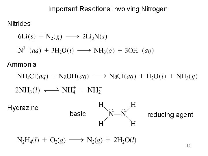 Important Reactions Involving Nitrogen Nitrides Ammonia Hydrazine basic reducing agent 12 