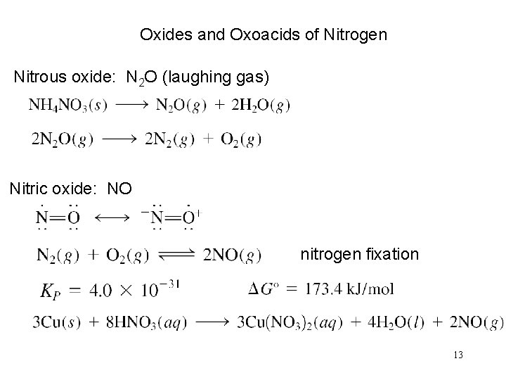 Oxides and Oxoacids of Nitrogen Nitrous oxide: N 2 O (laughing gas) Nitric oxide: