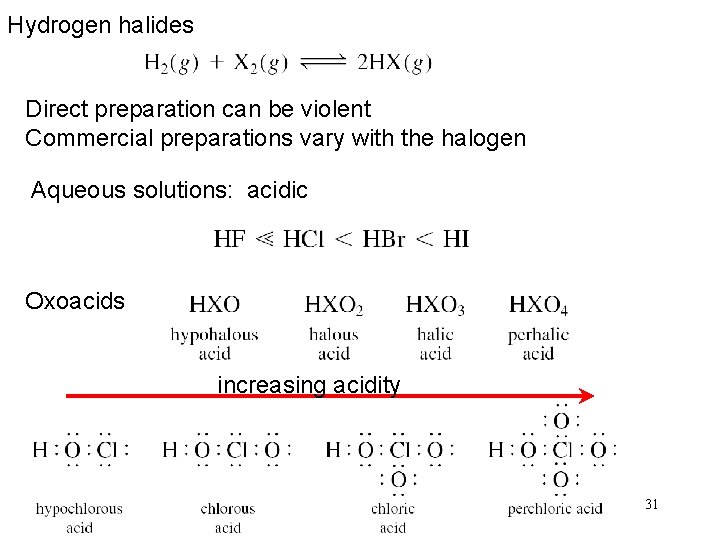 Hydrogen halides Direct preparation can be violent Commercial preparations vary with the halogen Aqueous