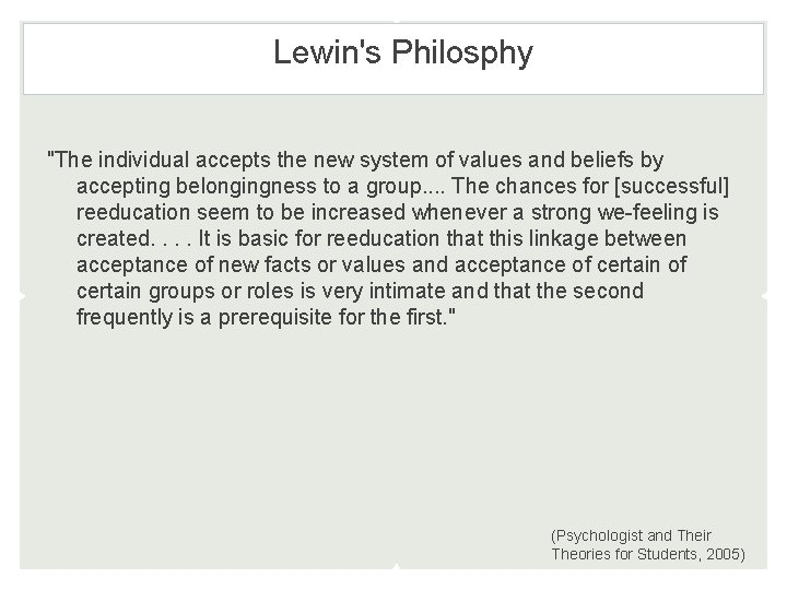 Lewin's Philosphy "The individual accepts the new system of values and beliefs by accepting Lewin's Philosphy "The individual accepts the new system of values and beliefs by accepting