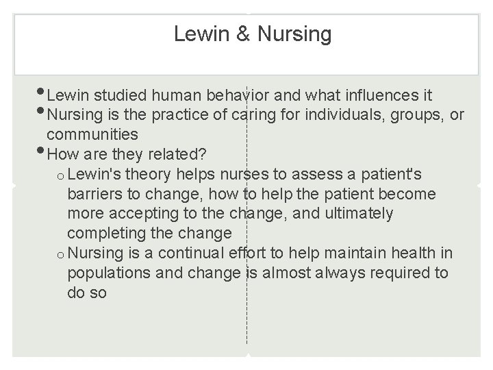 Lewin & Nursing • Lewin studied human behavior and what influences it • Nursing Lewin & Nursing • Lewin studied human behavior and what influences it • Nursing