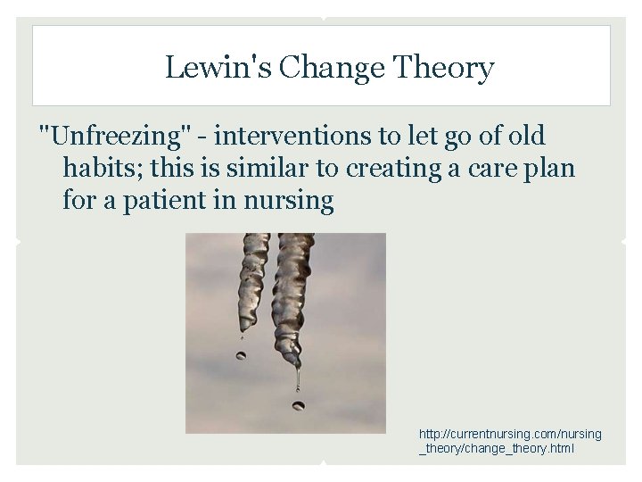 Lewin's Change Theory "Unfreezing" - interventions to let go of old habits; this is Lewin's Change Theory "Unfreezing" - interventions to let go of old habits; this is