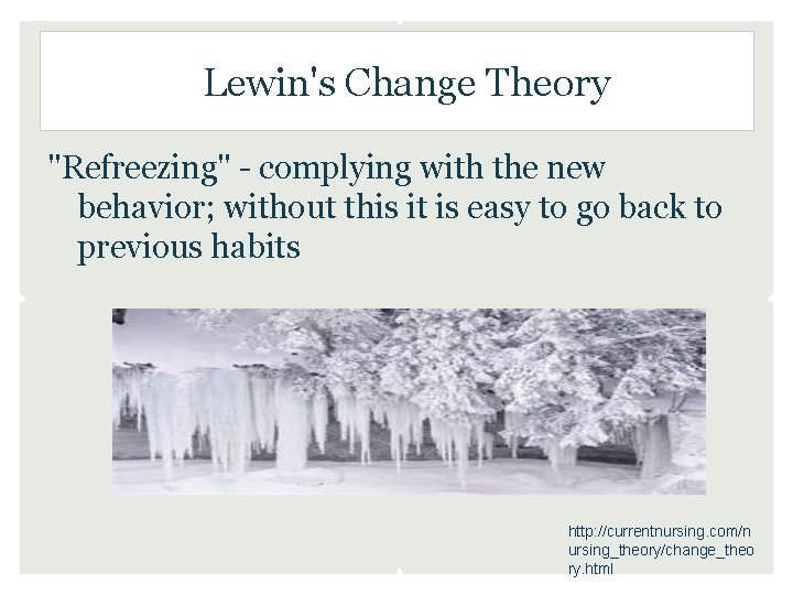Lewin's Change Theory "Refreezing" - complying with the new behavior; without this it is Lewin's Change Theory "Refreezing" - complying with the new behavior; without this it is
