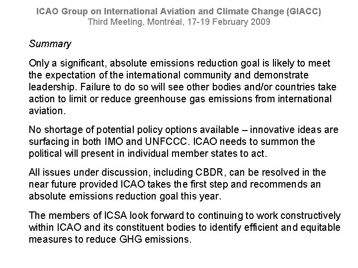 ICAO Group on International Aviation and Climate Change (GIACC) Third Meeting, Montréal, 17 -19
