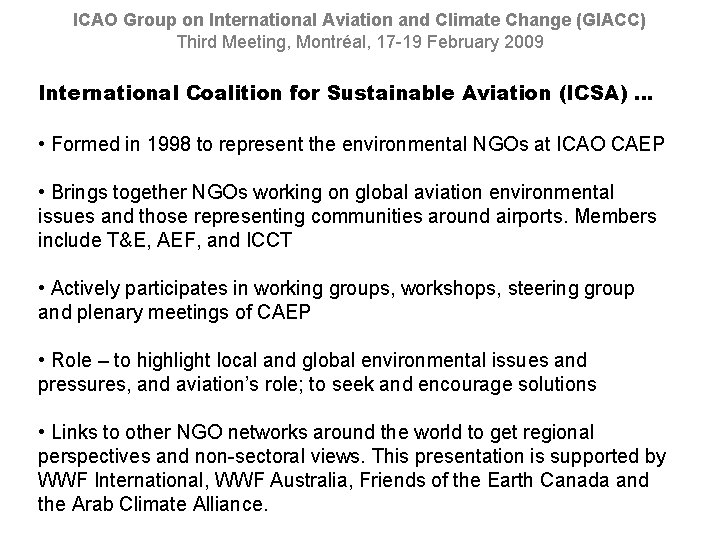 ICAO Group on International Aviation and Climate Change (GIACC) Third Meeting, Montréal, 17 -19