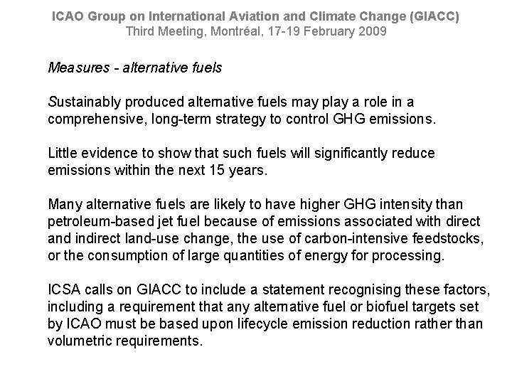 ICAO Group on International Aviation and Climate Change (GIACC) Third Meeting, Montréal, 17 -19