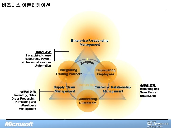 비즈니스 어플리케이션 Enterprise Relationship Management 솔루션 영역: Financials, Human Resources, Payroll, Professional Services Automation