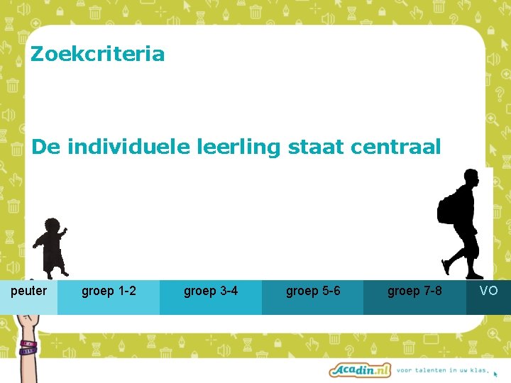 Zoekcriteria De individuele leerling staat centraal peuter groep 1 -2 groep 3 -4 groep