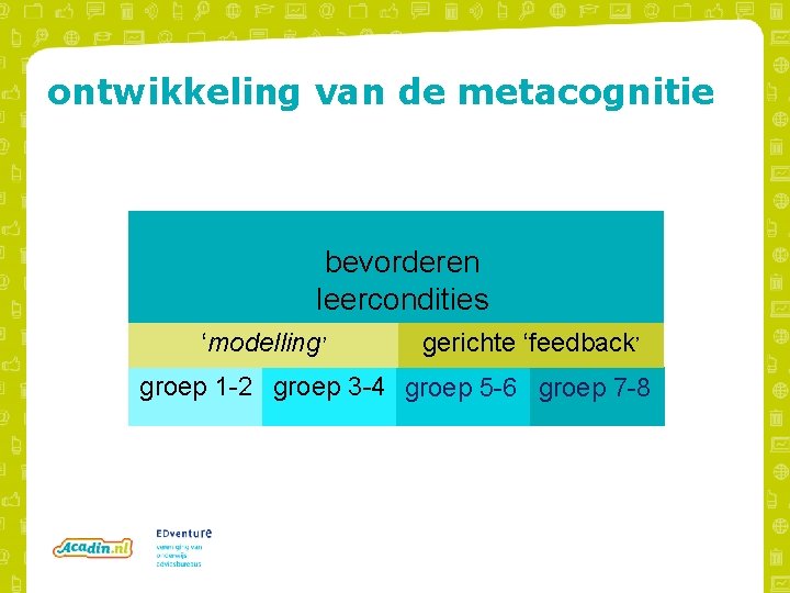 ontwikkeling van de metacognitie bevorderen leercondities ‘modelling’ gerichte ‘feedback’ groep 1 -2 groep 3