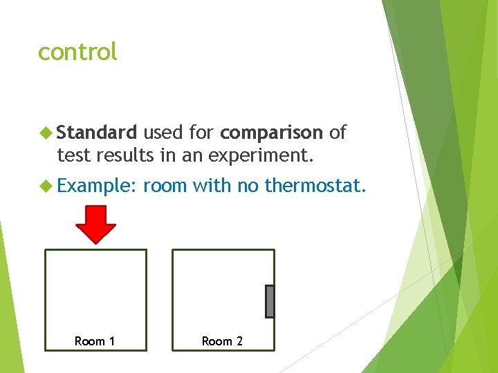 control Standard used for comparison of test results in an experiment. Example: Room 1