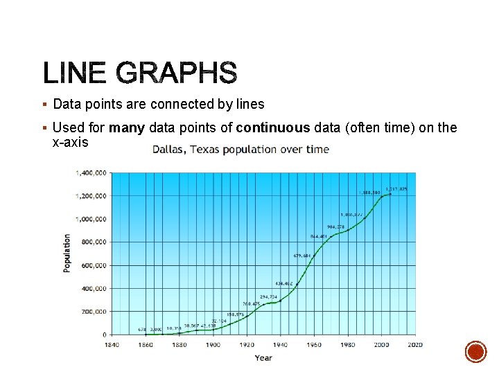 § Data points are connected by lines § Used for many data points of