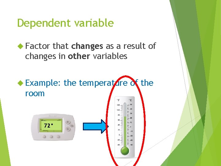 Dependent variable Factor that changes as a result of changes in other variables Example: