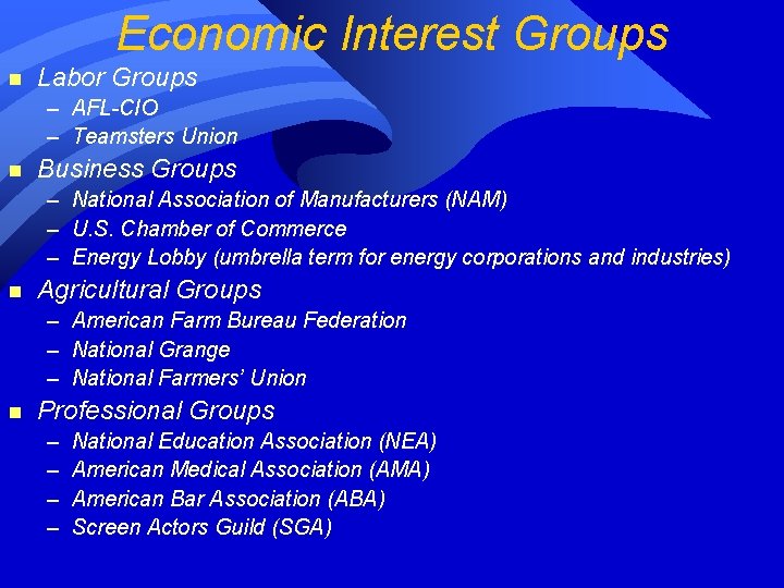 Economic Interest Groups n Labor Groups – AFL-CIO – Teamsters Union n Business Groups