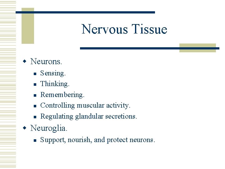 Nervous Tissue w Neurons. n n n Sensing. Thinking. Remembering. Controlling muscular activity. Regulating