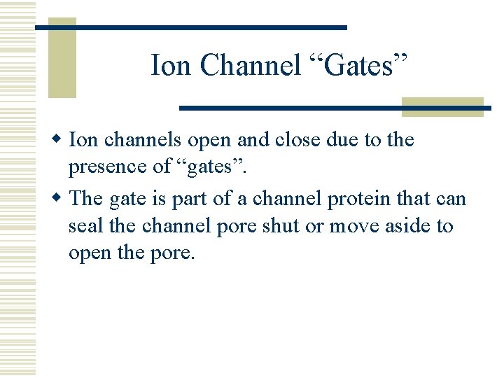 Ion Channel “Gates” w Ion channels open and close due to the presence of