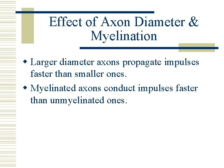 Effect of Axon Diameter & Myelination w Larger diameter axons propagate impulses faster than