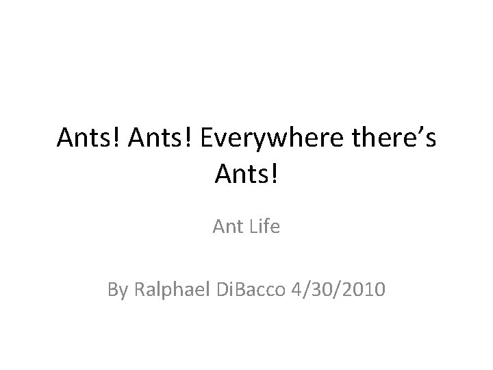 Ants! Everywhere there’s Ants! Ant Life By Ralphael Di. Bacco 4/30/2010 