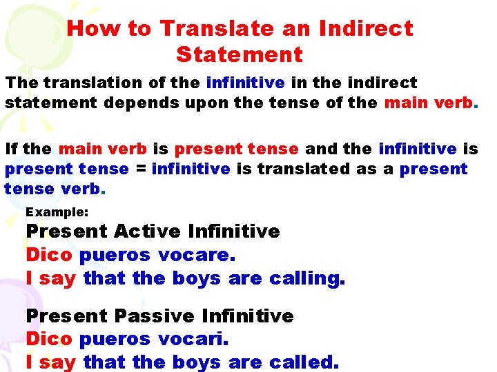 How to Translate an Indirect Statement The translation of the infinitive in the indirect