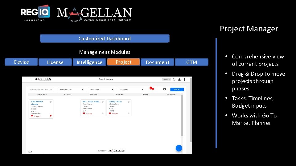 Project Manager Customized Dashboard Management Modules Device License Intelligence Project Document GTM • Comprehensive