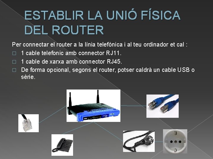 ESTABLIR LA UNIÓ FÍSICA DEL ROUTER Per connectar el router a la línia telefònica